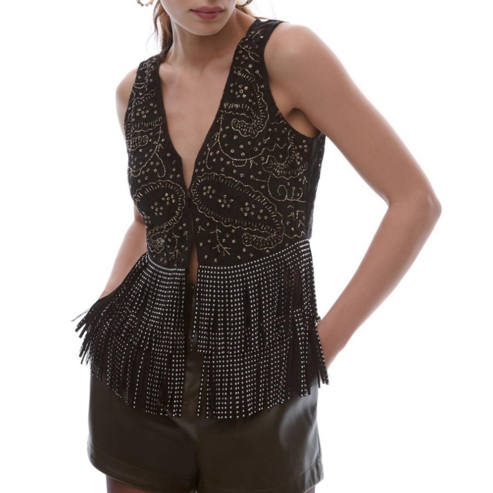Anthropologie Verb by Pallavi Singhee Beaded V-Neck Fringe Vest Tank Top XS